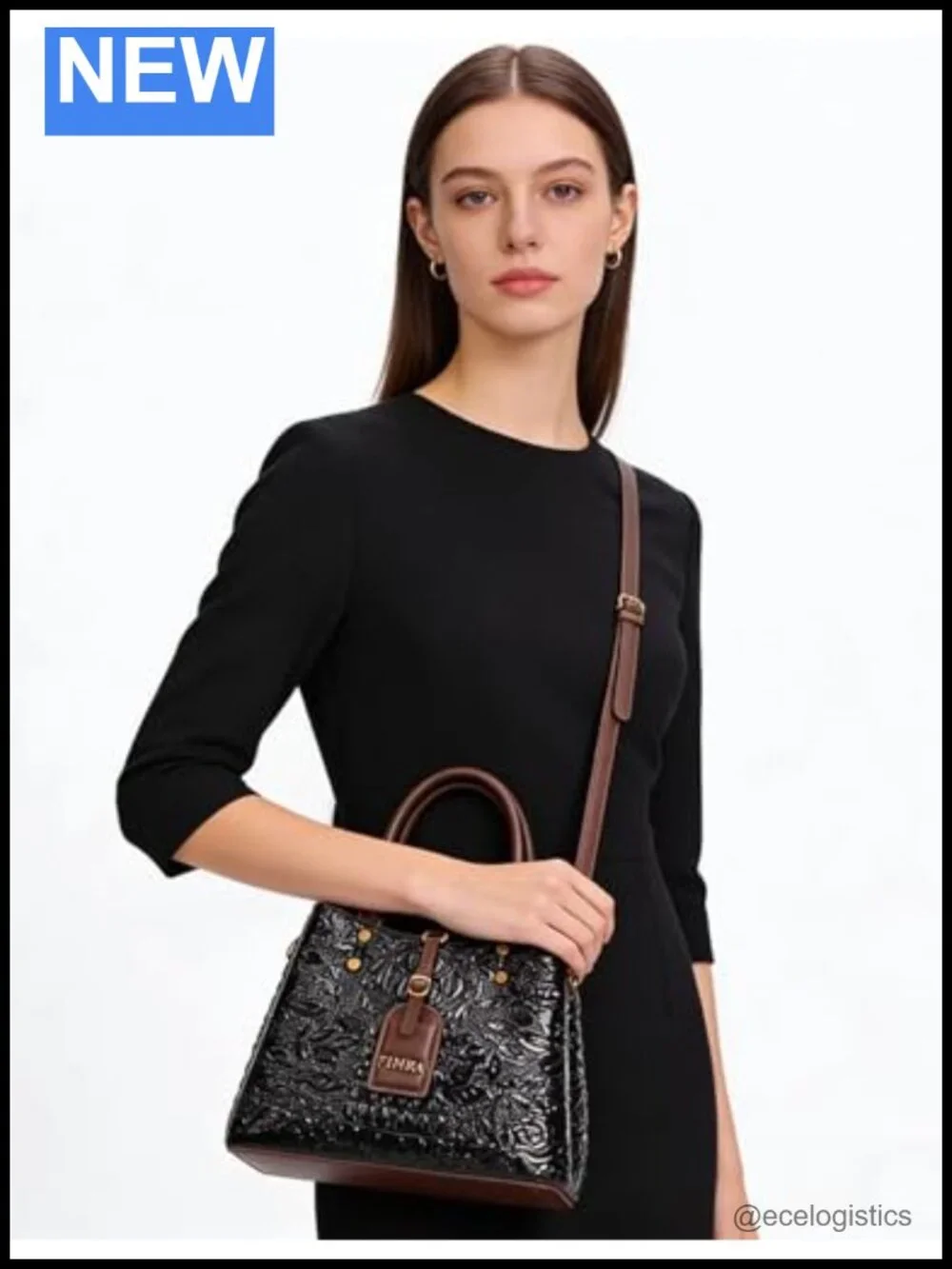 Crocodile-Print Leather Top Handle Bag Satchel Handbag Women's